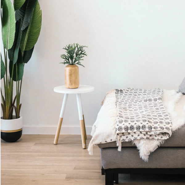 Final de una cama, una planta desde el piso y un asiento de tres patas con una pequeña planta encima